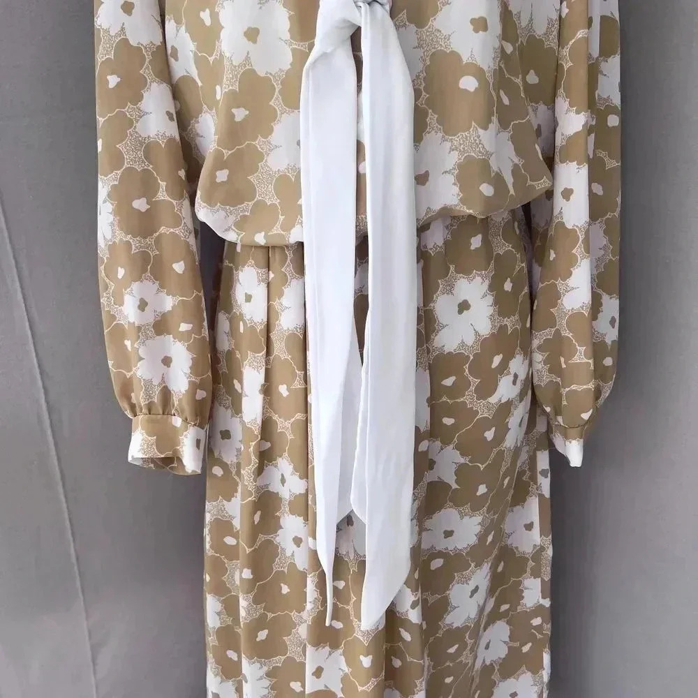 VTG Maree Womens Floral Tan Secretary Dress Sz 12 Structured Retro 80s Twee - Picture 13 of 13